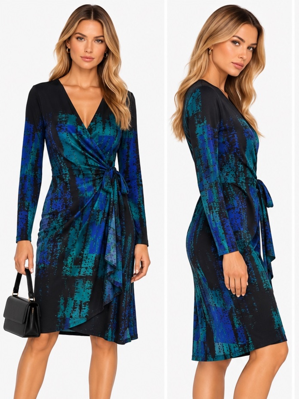 BCBGMAXAZRIA Adele Dark Teal Blue Black Abstract Print Wrap Dress Medium